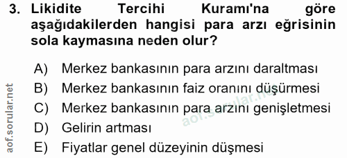 3. soru: Likidite Tercihi Kuramı'na göre aşağıdakilerden hangisi para arzı eğrisinin sola kaymasına neden olur? A) Merkez bank…