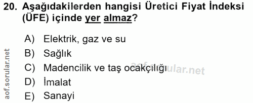 20. soru: Aşağıdakilerden hangisi Üretici Fiyat İndeksi (ÜFE) içinde yer almaz? A) Elektrik, gaz ve su B) Sağlık C) Madencilik…