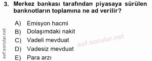 3. soru: Merkez bankası tarafından piyasaya sürülen banknotların toplamına ne ad verilir? A) Emisyon hacmi B) Dolaşımdaki naki…