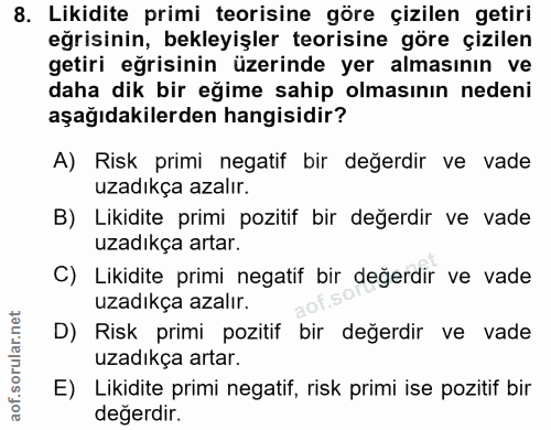 8. soru: Likidite primi teorisine göre çizilen getiri eğrisinin, bekleyişler teorisine göre çizilen getiri eğrisinin üzerinde…