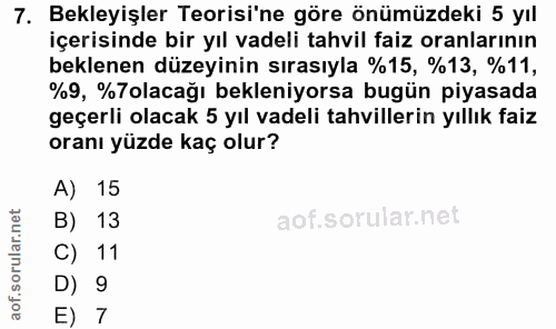 7. soru: Bekleyişler Teorisi'ne göre önümüzdeki 5 yıl içerisinde bir yıl vadeli tahvil faiz oranlarının beklenen düzeyinin sır…