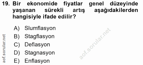 19. soru: Bir ekonomide fiyatlar genel düzeyinde yaşanan sürekli artış aşağıdakilerden hangisiyle ifade edilir? A) Slumflasyon…