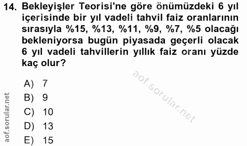 14. soru: Bekleyişler Teorisi'ne göre önümüzdeki 6 yıl içerisinde bir yıl vadeli tahvil faiz oranlarının sırasıyla %15, %13, %1…