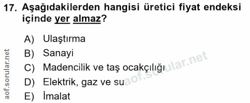 17. soru: Aşağıdakilerden hangisi üretici fiyat endeksi içinde yer almaz? A) Ulaştırma C) Madencilik ve taș ocakçlliğmlar.net B…
