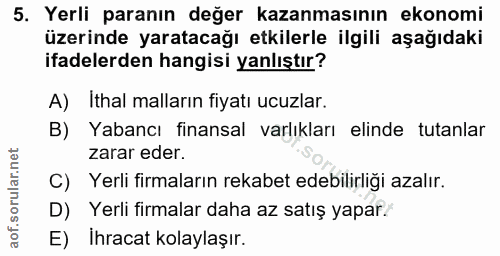 5. soru: Yerli paranın değer kazanmasının ekonomi üzerinde yaratacağı etkilerle ilgili aşağıdaki ifadelerden hangisi yanlıştır…