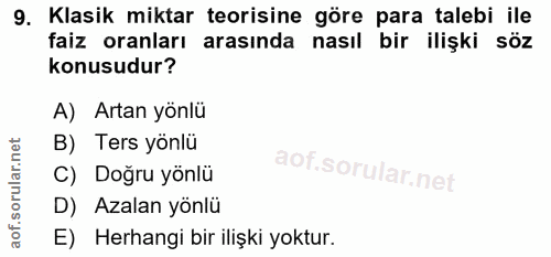 9. soru: Klasik miktar teorisine göre para talebi ile faiz oranları arasında nasıl bir ilişki söz konusudur? A) Artan yönlü B)…