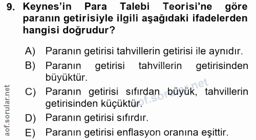 9. soru: Keynes'in Para Talebi Teorisi'ne göre paranın getirisiyle ilgili aşağıdaki ifadelerden hangisi doğrudur? A) Paranın g…