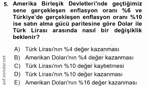 5. soru: Amerika Birleşik Devletleri'nde geçtiğimiz sene gerçekleşen enflasyon oranı %6 ve Türkiye'de gerçekleşen enflasyon or…