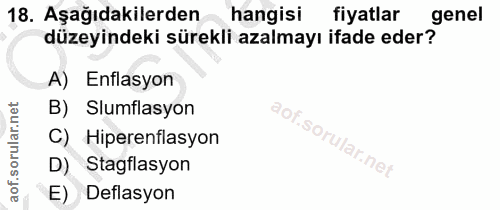 18. soru: Aşağıdakilerden hangisi fiyatlar genel düzeyindeki sürekli azalmayı ifade eder? A) Enflasyon B) Slumflasyon C) Hipere…