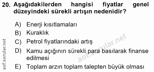 20. soru: Aşağıdakilerden hangisi fiyatlar genel düzeyindeki sürekli artışın nedenidir? A) Enerji kısıtlamaları B) Kuraklık C)…