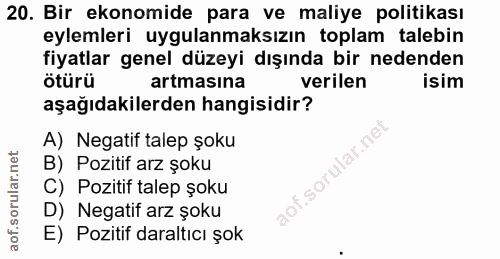 20. soru: Bir ekonomide para ve maliye politikası eylemleri uygulanmaksızın toplam talebin fiyatlar genel düzeyi dışında bir ne…