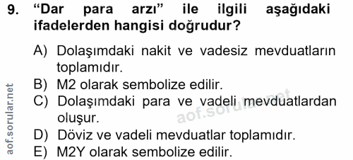 9. soru: "Dar para arzı" ile ilgili aşağıdaki ifadelerden hangisi doğrudur? A) Dolaşımdaki nakit ve vadesiz mevduatların topla…