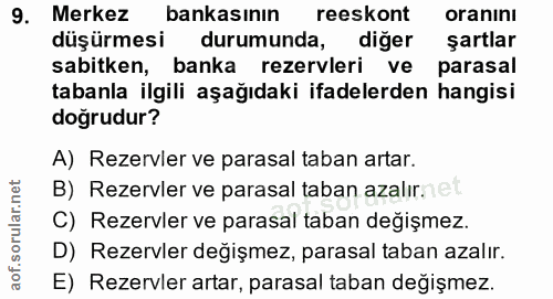 9. soru: Merkez bankasının reeskont oraninı düşürmesi durumunda, diğer şartlar sabitken, banka rezervleri ve parasal tabanla i…