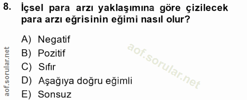 8. soru: Içsel para arzı yaklaşımına göre çizilecek para arzı eğrisinin eğimi nasıl olur? A) Negatif B) Pozitif C) Sıfır D) Aş…