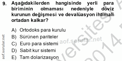 9. soru: Aşağıdakilerden hangisinde yerli para biriminin olmaması nedeniyle döviz kurunun değişmesi ve devalüasyon ihtimali or…