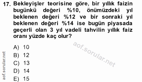 17. soru: Bekleyişler teorisine göre, bir yıllık faizin bugünkü değeri %10, önümüzdeki yıl beklenen değeri %12 ve bir sonraki y…