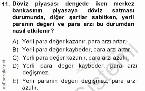 11. soru: Döviz piyasası dengede iken merkez bankasının piyasaya döviz satması durumunda, diğer şartlar sabitken, yerli paranın…