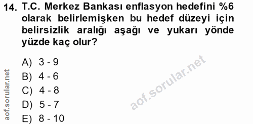 14. soru: T.C. Merkez Bankası enflasyon hedefini %6 olarak belirlemişken bu hedef düzeyi için belirsizlik aralığı aşağı ve yuka…