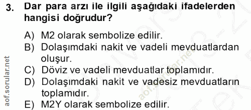 3. soru: Dar para arzı ile ilgili aşağıdaki ifadelerden hangisi doğrudur? A) M2 olarak sembolize edilir. B) Dolaşımdaki nakit…