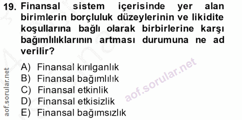 19. soru: Finansal sistem içerisinde yer alan birimlerin borçluluk düzeylerinin ve likidite koşullarına bağlı olarak birbirleri…