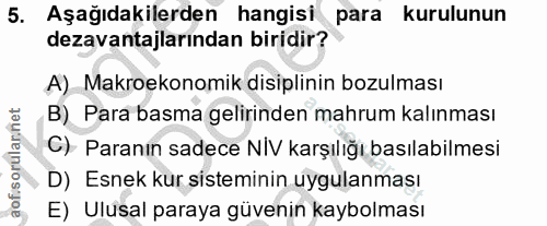5. soru: Aşağıdakilerden hangisi para kurulunun dezavantajlarından biridir? A) Makroekonomik disiplinin bozulması B) Para basm…