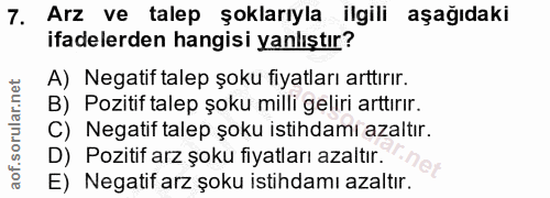 7. soru: Arz ve talep şoklarıyla ilgili aşağıdaki ifadelerden hangisi yanlıştır? A) Negatif talep şoku fiyatları arttırır. B)…