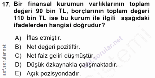 17. soru: Bir finansal kurumun varlıklarının toplam değeri 90 bin TL, borçlarının toplam değeri 110 bin TL ise bu kurum ile ilg…