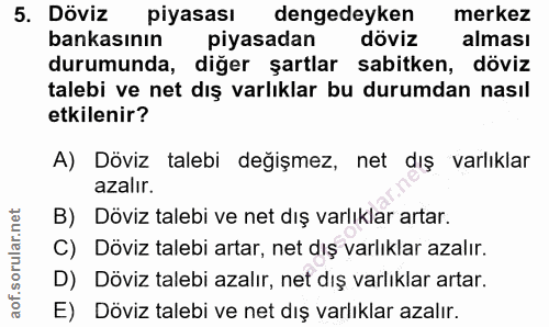 5. soru: Döviz piyasası dengedeyken merkez bankasının piyasadan döviz alması durumunda, diğer şartlar sabitken, döviz talebi v…