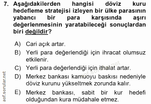 7. soru: Aşağıdakilerden hangisi döviz kuru hedefleme stratejisi izleyen bir ülke parasının yabancı bir para karşısında aşırı…