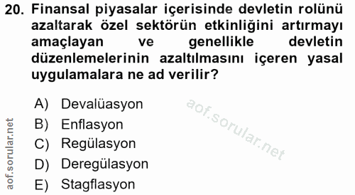20. soru: Finansal piyasalar içerisinde devletin rolünü azaltarak özel sektörün etkinliğini artırmayı amaçlayan genellikle devl…