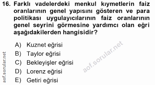 16. soru: Farklı vadelerdeki menkul kıymetlerin faiz oranlarının genel yapısını gösteren ve para politikası uygulayıcılarının f…