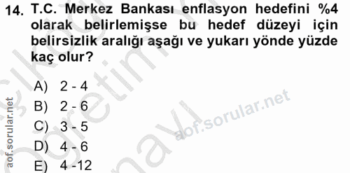 14. soru: T.C. Merkez Bankası enflasyon hedefini %4 olarak belirlemişse bu hedef düzeyi için belirsizlik aralığı aşağı ve yukar…