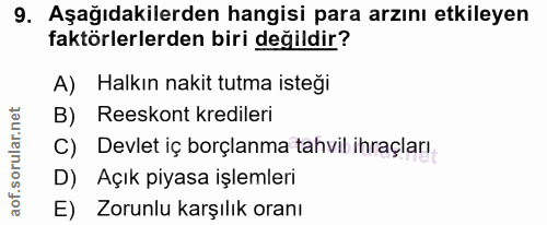 9. soru: Aşağıdakilerden hangisi para arzını etkileyen faktörlerlerden biri değildir? A) Halkın nakit tutma isteği B) Reeskont…
