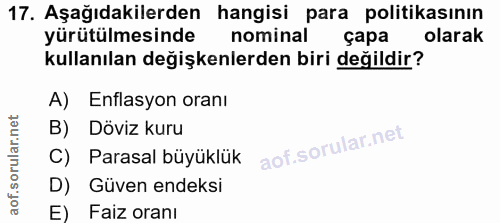17. soru: Aşağıdakilerden hangisi para politikasının yürütülmesinde nominal çapa olarak kullanılan değişkenlerden biri değildir…