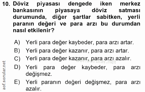 10. soru: Döviz piyasası dengede iken merkez bankasının piyasaya döviz satması durumunda, diğer şartlar sabitken, yerli paranın…