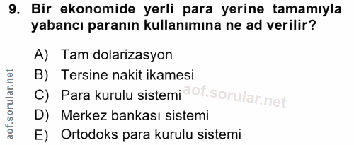 9. soru: Bir ekonomide yerli para yerine tamamıyla yabancı paranın kullanımına ne ad verilir? A) Tam dolarizasyon B) Tersine n…