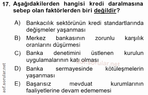 17. soru: Aşağıdakilerden hangisi kredi daralmasına sebep olan faktörlerden biri değildir? A) Bankacılık sektörünün kredi stand…