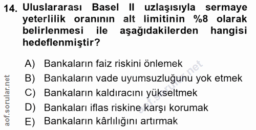 14. soru: Uluslararası Basel uzlaşısıyla sermaye yeterlilik oranının alt limitinin %8 olarak belirlenmesi ile aşağıdakilerden h…