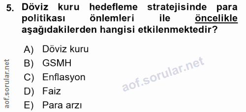 5. soru: Döviz kuru hedefleme stratejisinde para politikası önlemleri öncelikle aşağıdakilerden hangisi etkilenmektedir? A) Dö…