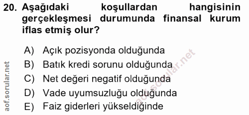 20. soru: Aşağıdaki koşullardan hangisinin gerçekleşmesi durumunda finansal kurum iflas etmiş olur? B) Batık kredi sorunu olduğ…