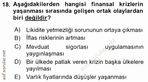18. soru: Aşağıdakilerden hangisi finansal krizlerin yaşanması sırasında gelişen ortak olaylardan biri değildir? A) Likidite ye…