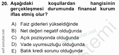20. soru: Aşağıdaki koşullardan hangisinin gerçekleşmesi durumunda finansal kurum iflas etmiş olur? A) Faiz giderleri yükseldig…