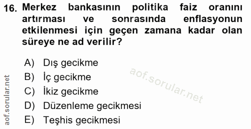 16. soru: Merkez bankasının politika faiz oranını artırması ve sonrasında enflasyonun etkilenmesi için geçen zamana kadar olan…