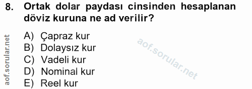 8. soru: Ortak dolar paydası cinsinden hesaplanan döviz kuruna ne ad verilir? A) Çapraz kur B) Dolaysız kur C) Vadeli kur D) N…