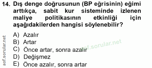 14. soru: Dış denge doğrusunun (BP eğrisinin) eğimi arttıkça, sabit kur sisteminde izlenen maliye politikasının etkinliği için…