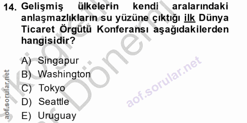 14. soru: Gelişmiş ülkelerin kendi aralarındaki anlaşmazlıkların su yüzüne çıktığı ilk Dünya Ticaret Örgütü Konferansı aşağıdak…