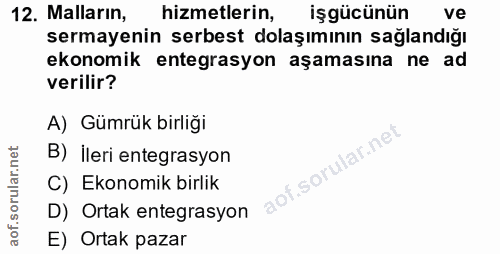 12. soru: Malların, hizmetlerin, işgücünün ve sermayenin serbest dolaşımının sağlandığı ekonomik entegrasyon aşamasına ne ad ve…