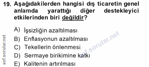 19. soru: Aşağıdakilerden hangisi dış ticaretin genel anlamda , yarattığı diğer destekleyici etkilerinden biri değildir? A) İşs…