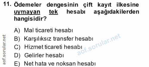 11. soru: Ödemeler dengesinin çift kayıt ilkesine uymayan tek hesabı aşağıdakilerden hangisidir? A) Mal ticareti hesabı B) Karş…