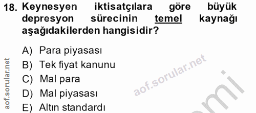 18. soru: Keynesyen iktisatçılara göre büyük depresyon sürecinin temel kaynağı aşağıdakilerden hangisidir? A) Para piyasası B)…